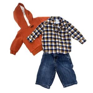 Baby Boy Flannel Long Sleeve Top, Jeans and Orange Zip up Hoodie Outfit